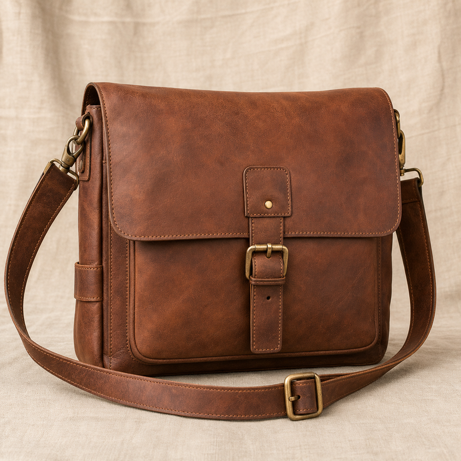 Bolso bandolera de cuero london marrón con correa regulable