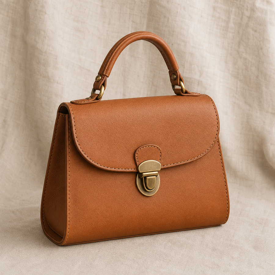 Cartera de cuero natural con hebilla de latón y costura vista